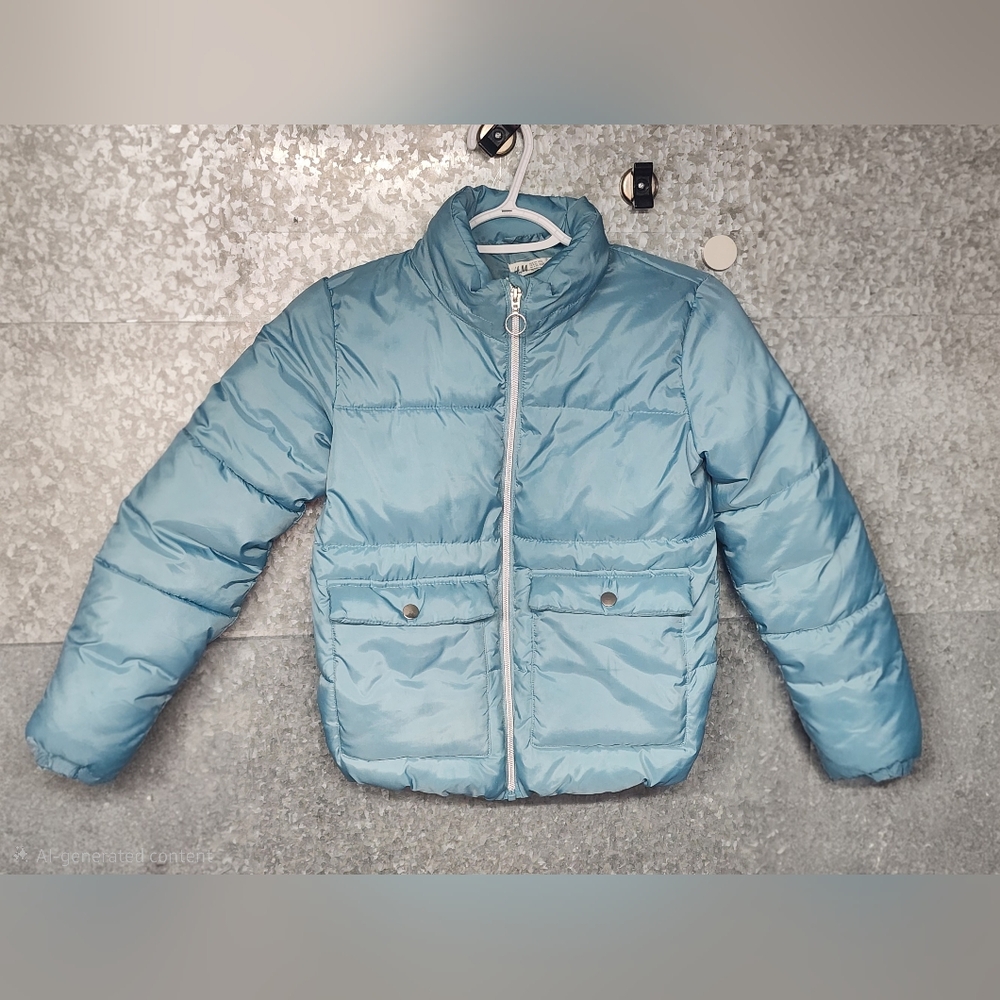 H&M Blue Teal Puffer Coat Front Pockets Girls Size 8